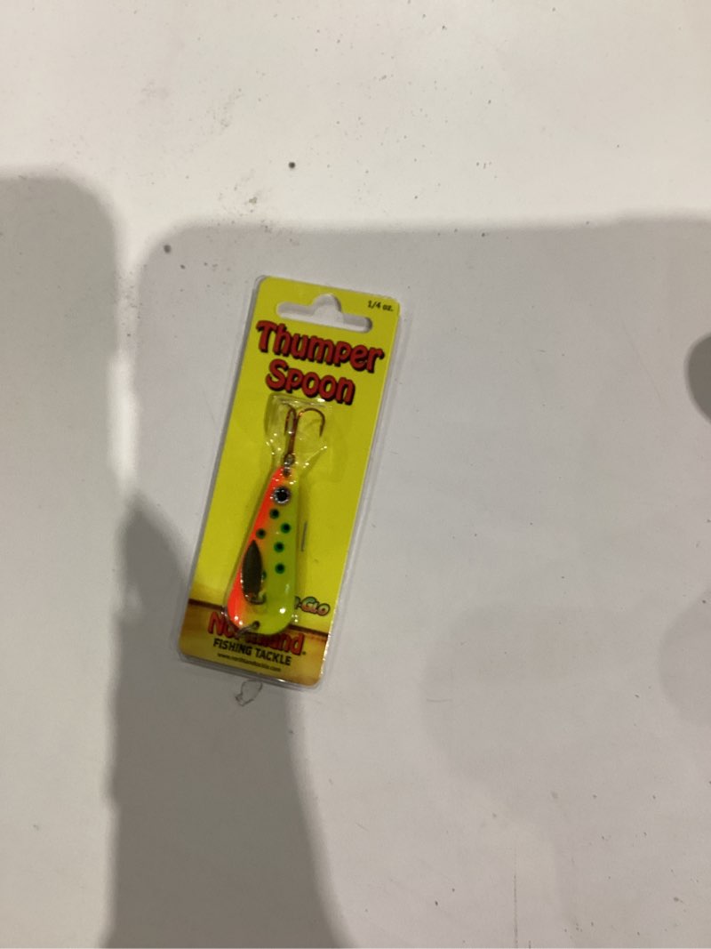 Condition photo showing New/Like New for Northland Tackle Ice Fishing Thumper Spoon, Stamped Brass Flutter Spoon Ice Fishing Lure for Walleye, Crappie, & More, 10 Colors, 1/16 Oz, 1/8 Oz, 3/16 Oz, ¼ Oz Lure Sizes Super-Glo Sneeze 1/4 oz