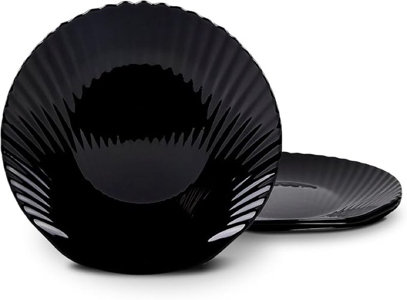 12 inch Large Dinner Plate Set of 4, Lightweight Seashell Shaped Opal Glass Serving Platters Black for Charcuterie, Dessert, Fruit Appetizer, Dishwasher and Microwave Safe 12 in - set of 4 Black 