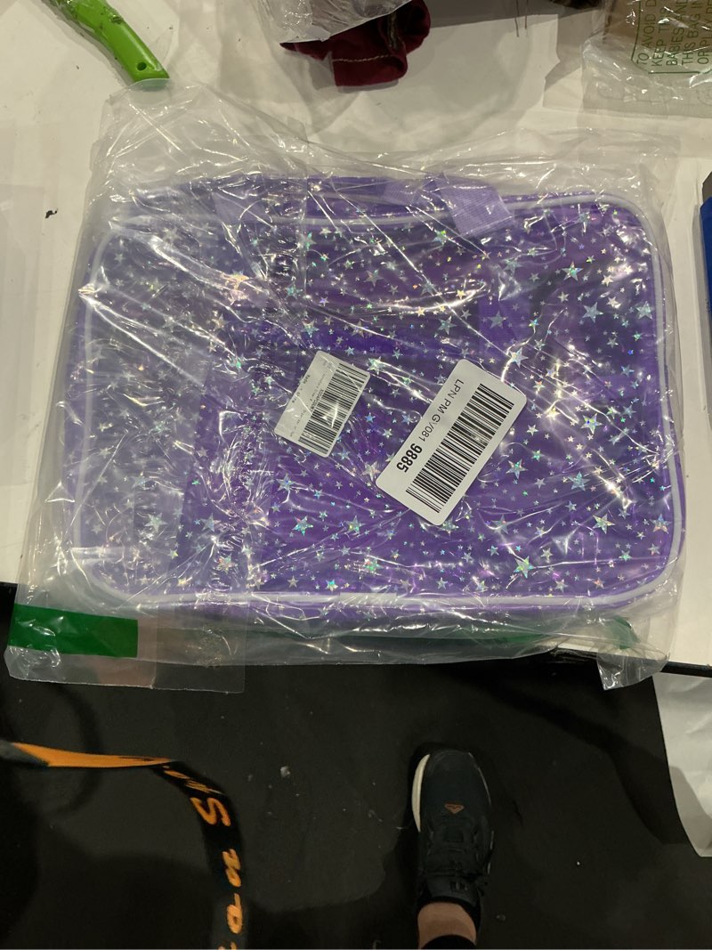 Condition photo showing Good Condition for clear purple star large makeup bag with star pattern 12x5x8 inch, travel cosmetic bag with handle, durable pvc material washbag zipper opening design for makeup travel organizer or gym use
