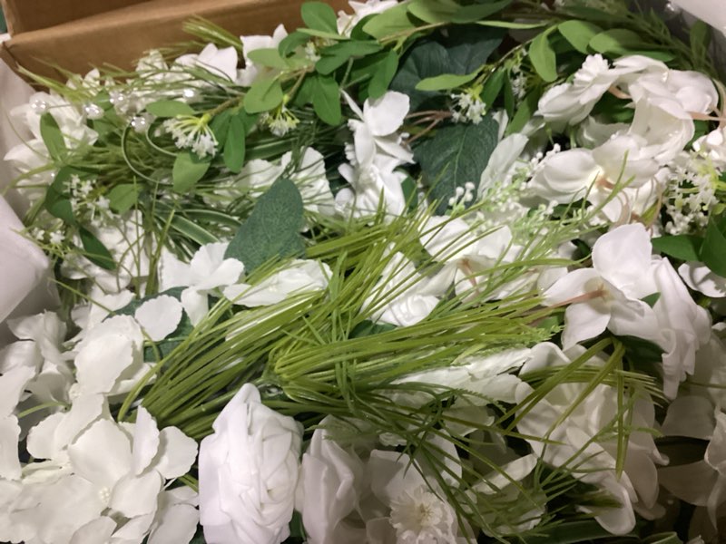 Condition photo showing As Is for Ling's moment 41.0" Tall Free-Standing Wedding Aisle Artificial Flowers for Ceremony Decor, 2PCS White Walkway Floral Chair Markers, Faux Rose Altar Arch Arrangement Spring Decorations Outdoor Wht-white & Lily & Olive 41" Tall x 22" Cross