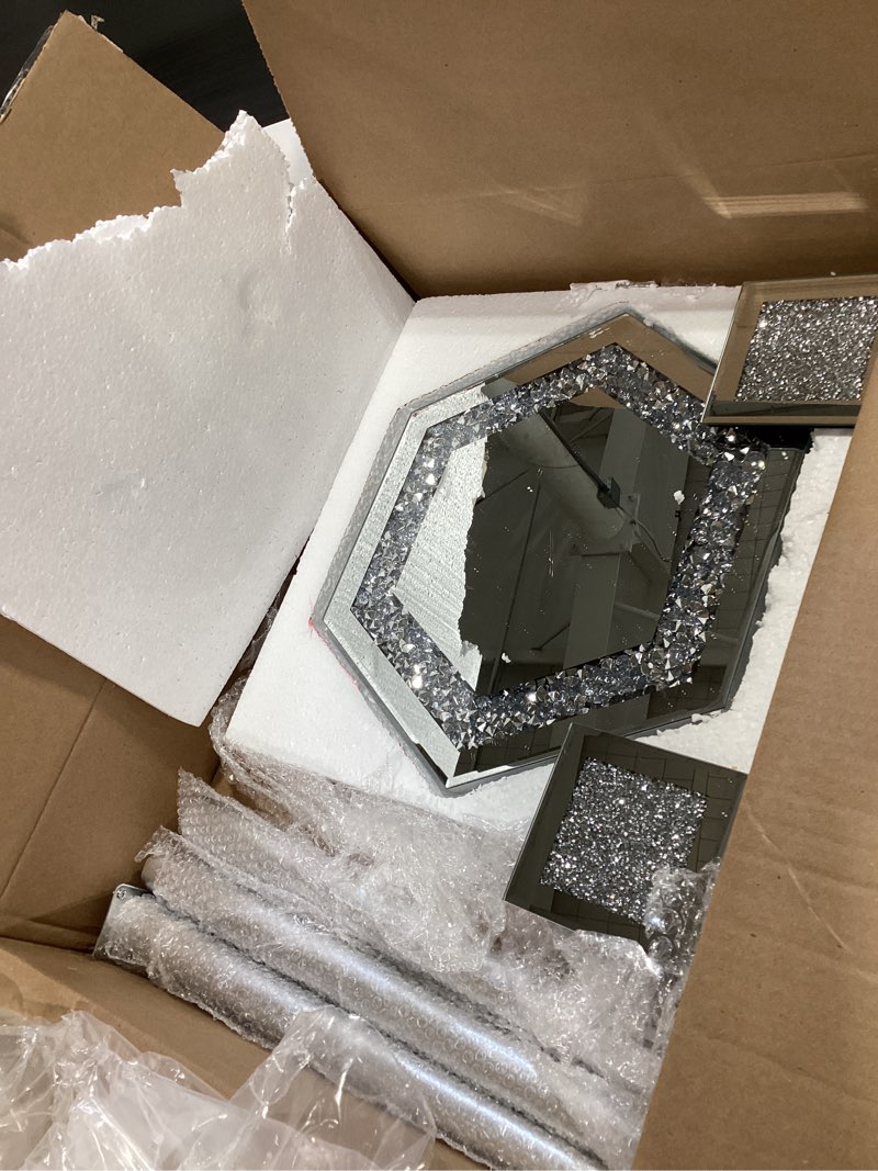 Condition photo showing Good Condition for weysat 3 pcs mirrored end table with glass coaster modern silver accent table bling mirror side desk crushed crystal coasters crushed diamond cup mat for living room kitchen (hexagonal) 3 hexagonal