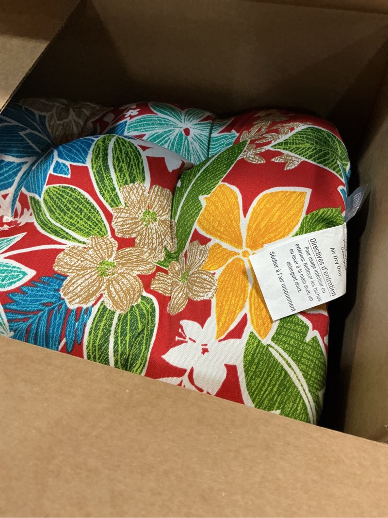 Condition photo showing Good Condition for pillow perfect tropic floral indoor/outdoor chair seat cushion, tufted, weather, and fade resistant, 19" x 19", red/green bora cay, 2 count 19" x 19" red/green bora cay