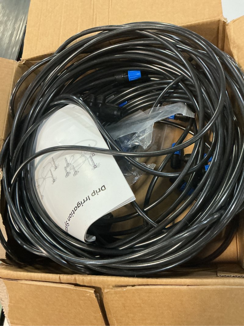 Condition photo showing As Is for 230ft new quick-connect drip irrigation system kit, automatic garden watering misting system for greenhouse, yard, lawn, plant with 1/2 inch hose 1/4 inch distribution tubing and accessories 33ft 1/2''main tube+197ft 1/4'' tube
