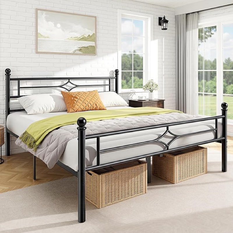 Full Size Metal Platform Bed Frame with Vintage Headboard and Footboard, Sturdy Queen Bed Frame, 12.5 Inch Under Bed Space, No Box Spring Needed, Easy to Assemble, Noise Free, Black