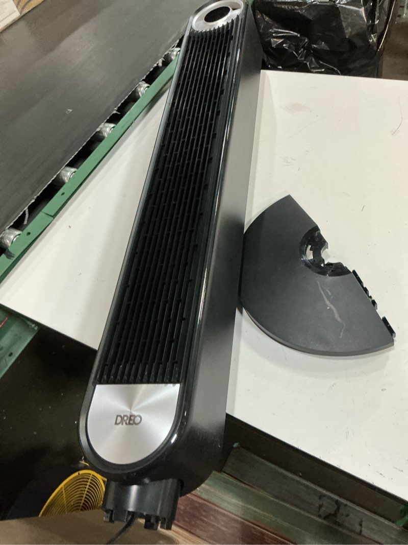 Condition photo showing As Is for dreo tower fan for bedroom, upgraded dc 9 speeds 20db ultra-quiet floor fan, 90° oscillating fans with 28ft/s velocity, 12h timer, standing fan, bladeless fan powerful for home, black