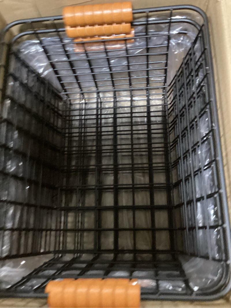 Condition photo showing As Is for Wire Kitchen Storage Basket 4 Packs,Perfect Pantry Organization Accessories Baskets,Laundry Basket,With a Wooden handle,Suitable for Kitchen,Bathroom,Bedroom,Tabletop,Stackable,Black