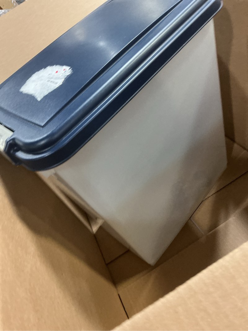 Condition photo showing As Is for IRIS USA 30 Lbs / 33 Qt WeatherPro Airtight Pet Food Storage Container with Attachable Casters, For Dog Cat Bird and Other Pet Food Storage Bin, Keep Fresh, Translucent Body, Easy Mobility, Navy 30 lbs Navy