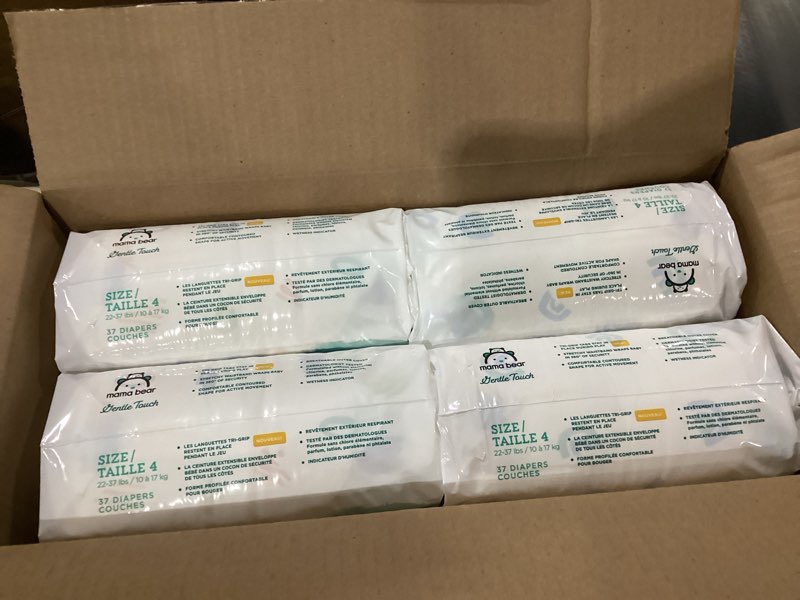 Condition photo showing New/Like New for Amazon Brand - Mama Bear Gentle Touch Diapers, Size 4, 148 Count (4 packs of 37)