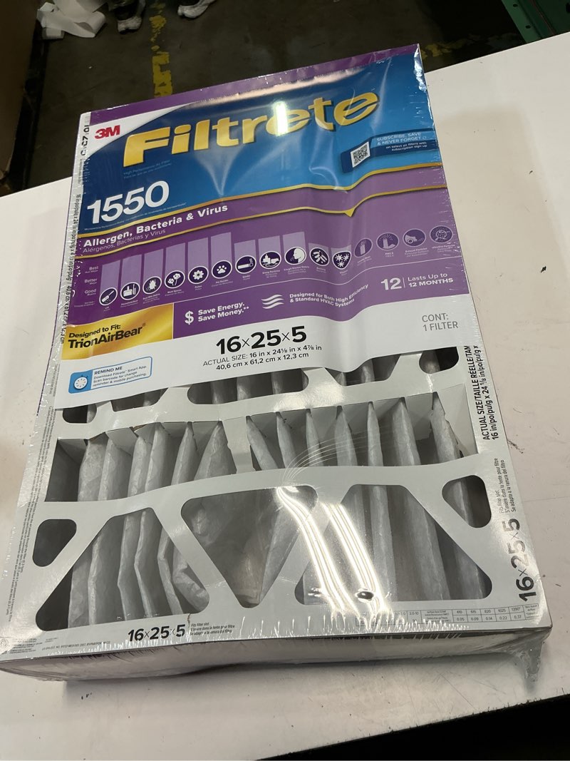 Condition photo showing Good Condition for filtrete 16-in w x 25-in l x 5-in merv 12 1550 mpr allergen, bacteria and virus electrostatic pleated air filter