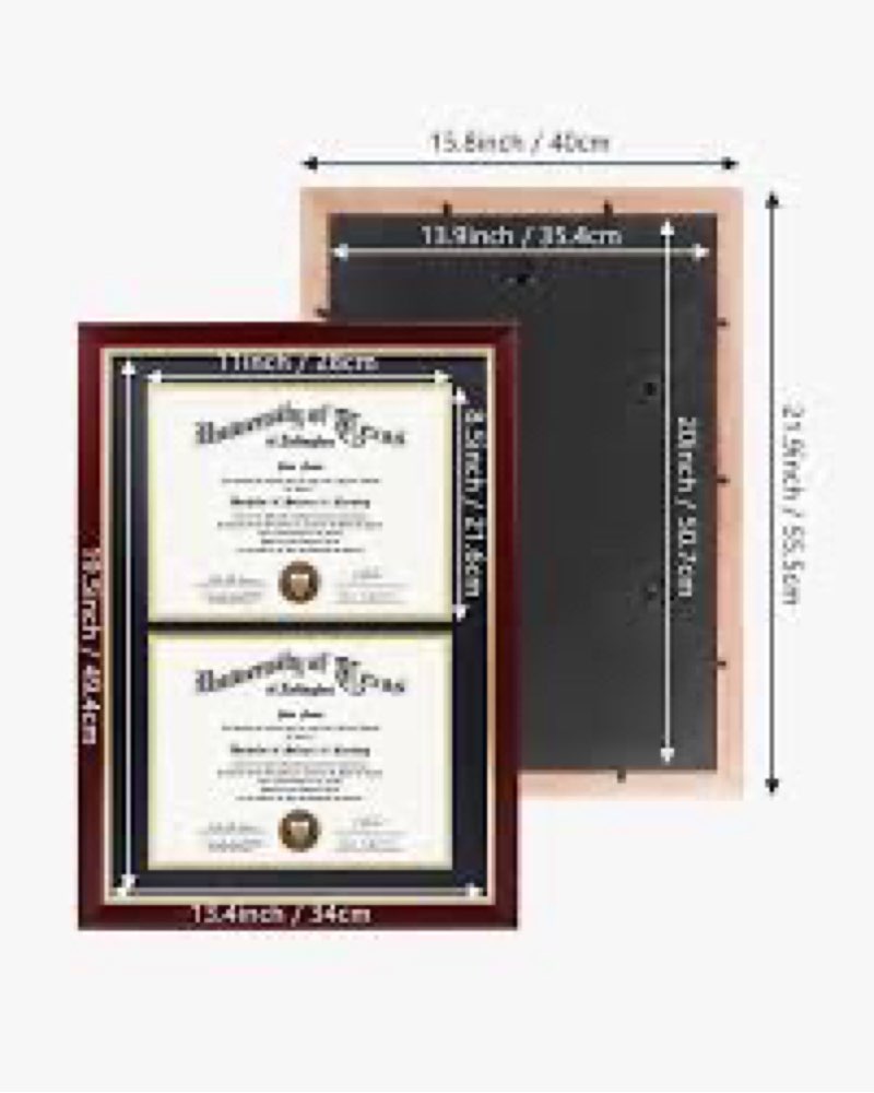 GraduationMall Double 8.5x11 Diploma Frame,Solid Wood & Tempered Glass,Black Finish with Gold Trim,Red