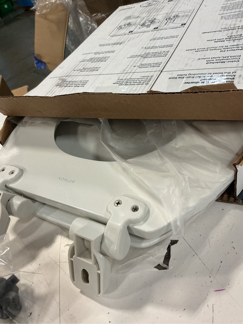 Condition photo showing Good Condition for kohler stonewood quiet-close, round toilet seat soft close, durable wood, easy installation, universal fit, home essentials, white finish, k-20467-0 white round double-hinge