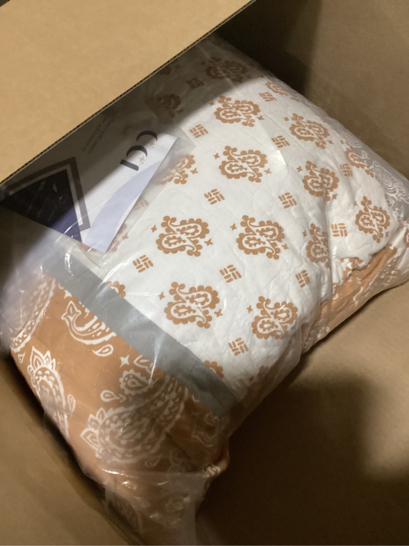 Condition photo showing As Is for terracotta comforter set, paisley king size comforter set,cotton quilt king size, orange gray quilt set bedding set, soft striped bedspread set king all season 3 piece 01-4 terracotta/grey /white king (106"x98")