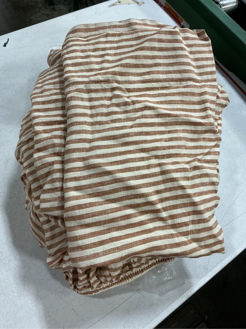 Condition photo showing Good Condition for european linen stripe fitted sheet set, queen, terracotta/white stripe