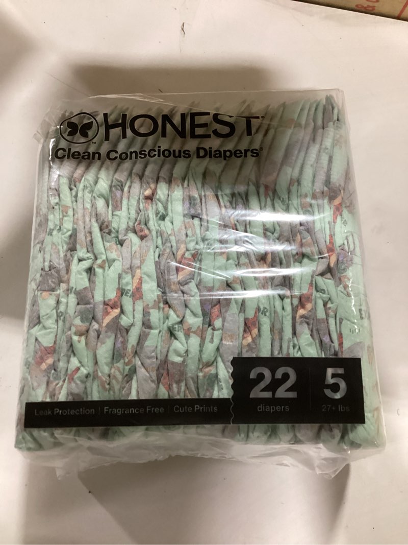 Condition photo showing As Is for The Honest Company Clean Conscious Diapers for Delicate Skin | Up to 100% Leakproof | Hypoallergenic, Fragrance Free | Winter '25 Limited Edition Prints | Club Box, Size 5 (27+ lbs), 22Count Size 5 (22 Count) Adorably A-moosing + Winterwear Wags