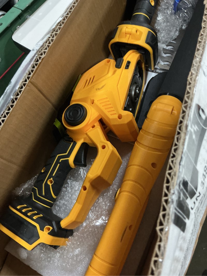 Condition photo showing Good Condition for 6-in-1 pole saw & cordless hedge trimmer combo kit,electric grass trimmer,mini chainsaw with 2×4.0 ah battery,dual-action blade,brushless motor,8.5 ft max reach,for tree trimming/garden/lawn (yellow)