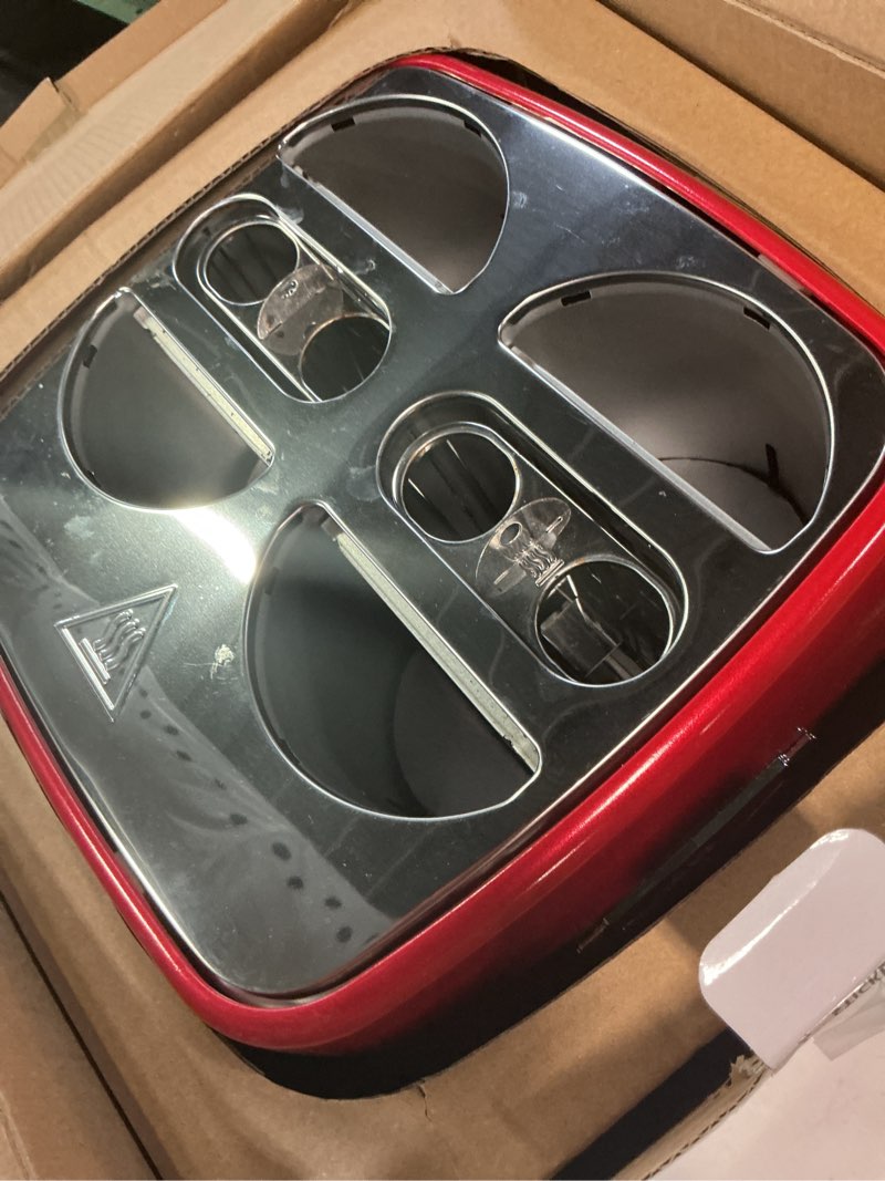Condition photo showing As Is for nostalgia 4 slot hot dog and bun toaster with mini tongs, hot dog toaster works with chicken, turkey, veggie links, sausages and brats, metallic red red 4 slot