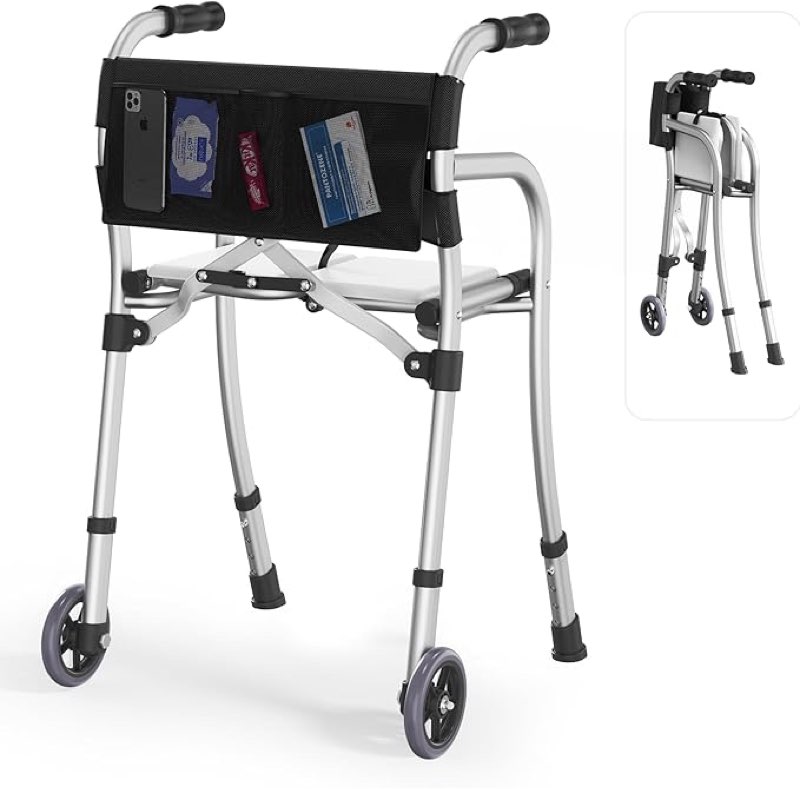 narrow walkers for seniors with seat, lightweight folding space saver mobility rolling walker,height adjustable standard walker with aluminum frame, 5-inch wheels, compact travel walker (silver)