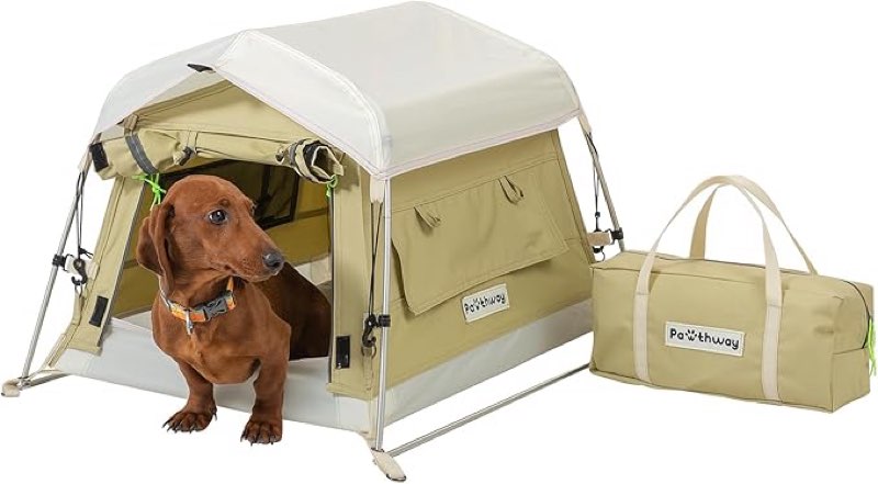 pawthway dog tent cotton fabric, aluminum poles and camping mat, outdoor weatherproof, dog house out