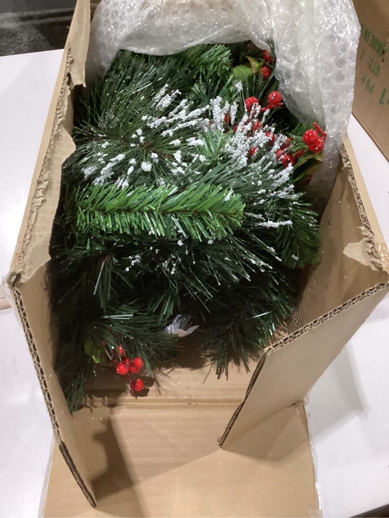 Condition photo showing Good Condition for national tree company 9 ft pre-lit wintry pine flocked artificial christmas garland, christmas decoration with pinecones, red berries, 100 clear lights, 184 tips, green