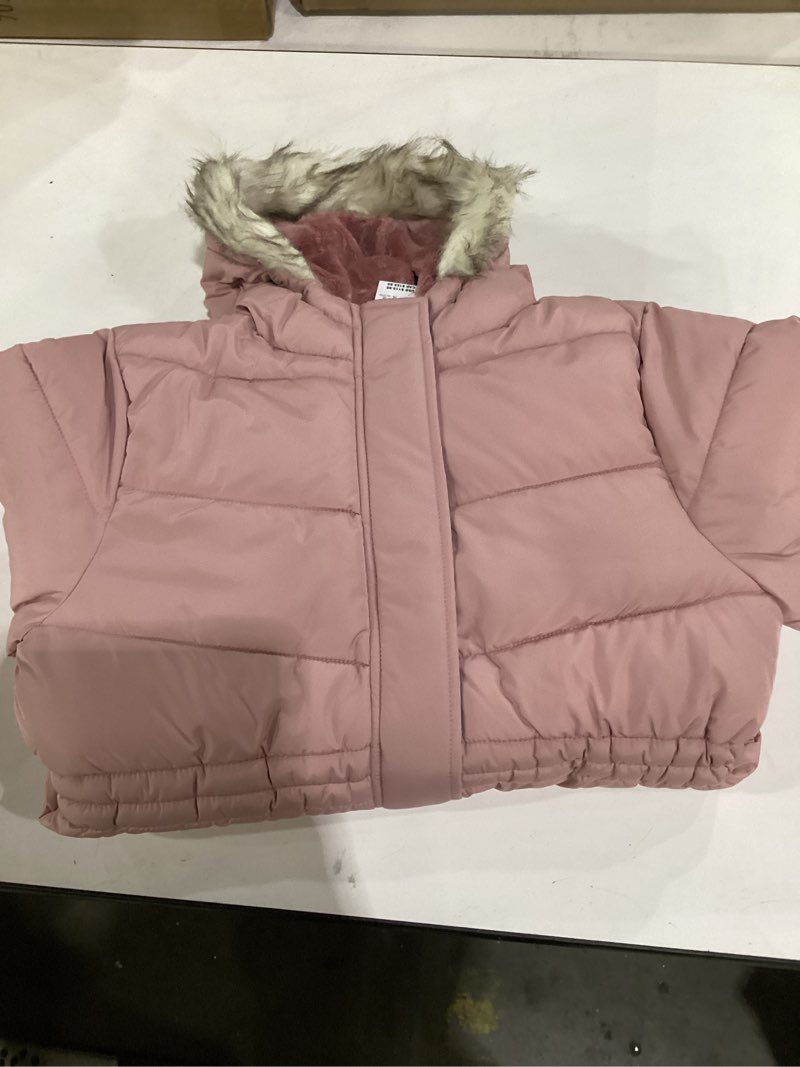 Condition photo showing Good Condition for the children's place girls' water and wind resistant hooded zip front mid length puffer jacket, faux fur lined large precious pink