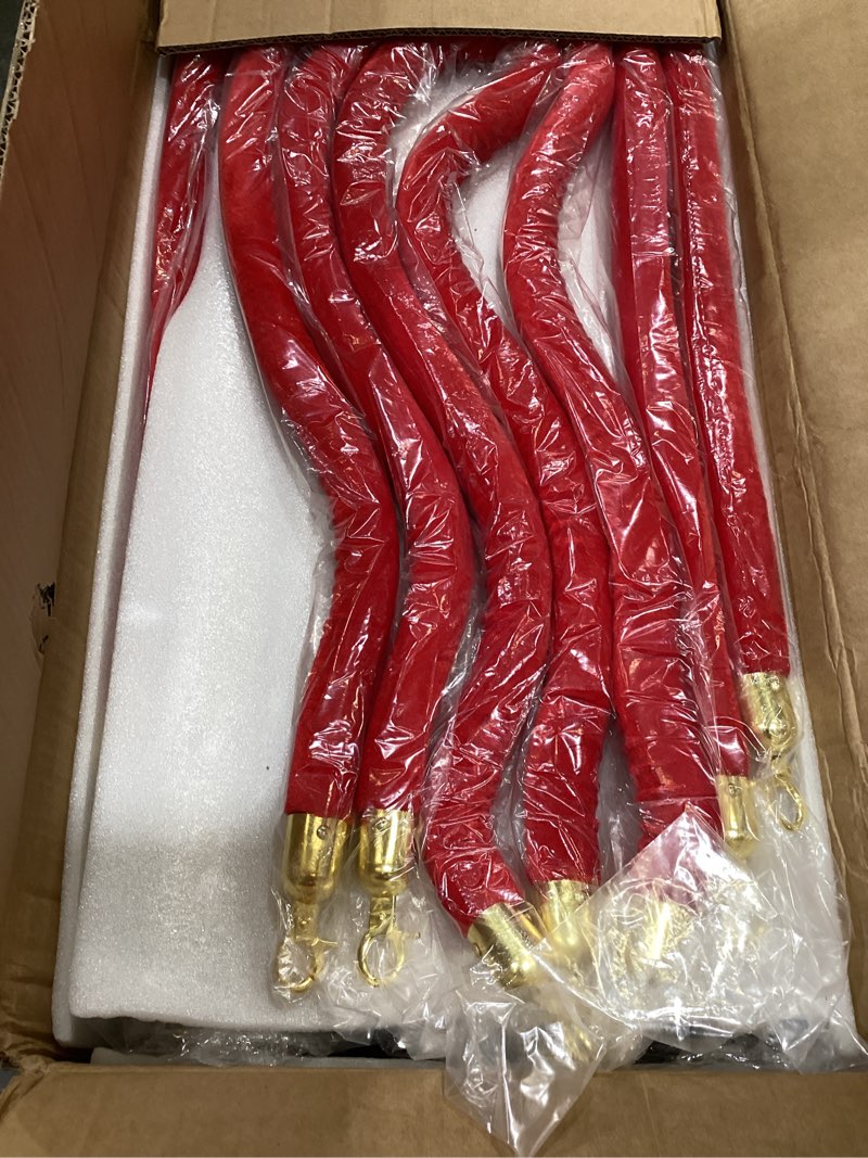 Condition photo showing Good Condition for vevor stanchions and velvet ropes 6pcs, hollow base with stainless steel post, 4 red velvet ropes and posts, crowd control barriers gold stanchions, red carpet runner poles for party supplies gold 6