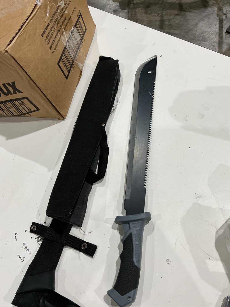Condition photo showing As Is for machete for bushcraft, 24 inch survival knife with saw for yard work, gardening heavy duty machete with no-slip handle and sheath for hunting, outdoor tree cutting