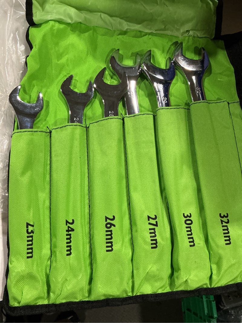 Condition photo showing Good Condition for 6-piece all-purpose combination wrench set, metric & standard 23mm, 24mm, 26mm, 27mm, 30mm, 32mm, heat treated cr-v, 12-point box end big wrench set, master long mechanic tool set with rolling pouch 6pcs metric