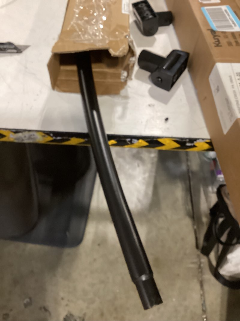Condition photo showing As Is for curved shower curtain rod for bathroom 38-72 inches, adjustable length, curved shower rod, 0.9mm thickness, round shower curtain rods, rotate bracket for large shower space, need drilling, black