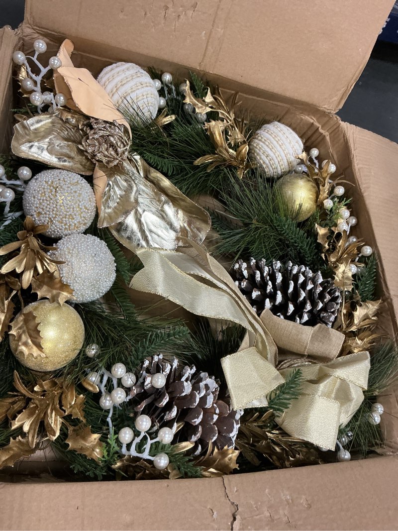 Condition photo showing Good Condition for 24 inch Champagne Christmas Door Wreath with Bow, Pine Wreaths for Front Door with Golden Ball Leaf Stems Pinecones Berries for Fireplace Xmas Decorations, Wall Window Indoor Outdoor Decor Gold-24in #4