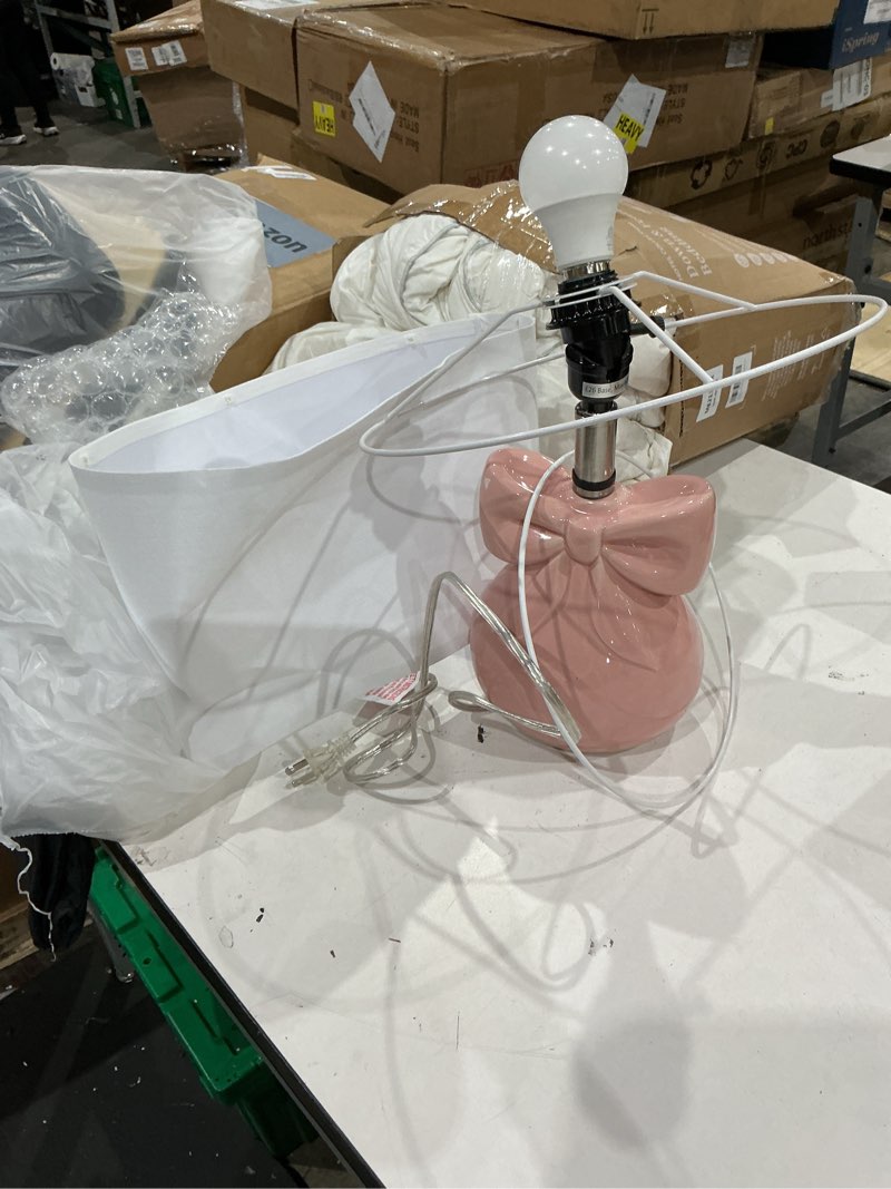 Condition photo showing As Is for pink bow table lamp for girl's room, 19" ceramic cute lamp for bedroom, classic bedside lamp for nightstand, modern table lamp for living room with rotary swtich (bulb included) pink 1 pack