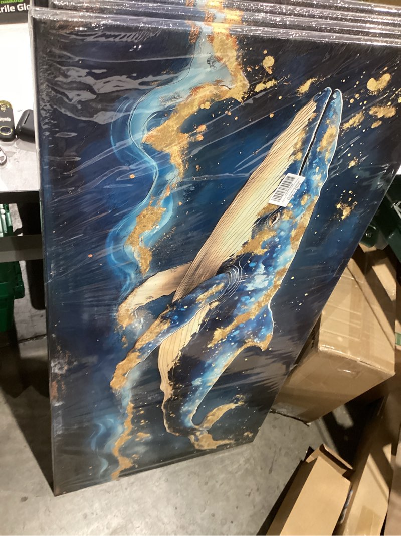 JEAWA Framed Canvas Wall Art - 20x40 IN Marine Animal Painting Wall Decor, Blue White Gold Whale Picture, Modern Art Prints for Living Room Bedroom Bathroom Home Decoration