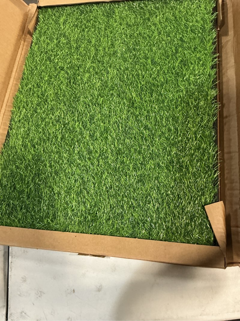 Condition photo showing Good Condition for dog grass pad with tray, 23''x17'' small grass pad for dogs potty | odorless artificial grass for dogs with dense drainage holes, dog litter box for indoor/outdoor dog potty training toilet 23''x17'' (3-layer potty system)