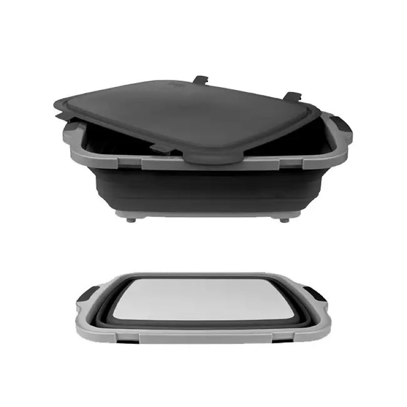 DRIP EZ COLLAPSIBLE BBQ PREP TUB WITH LOCKING LID AND BUILT-IN CUTTING BOARD