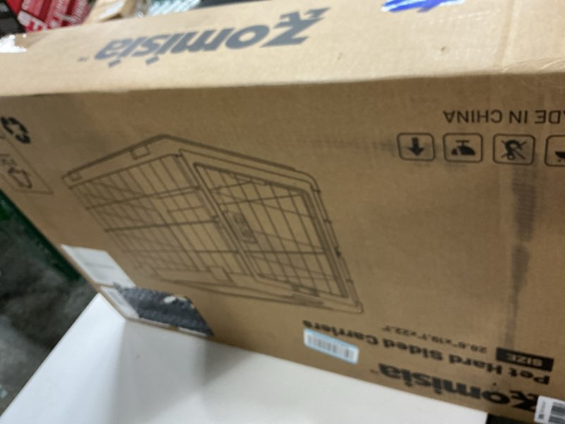 Condition photo showing New/Like New for collapsible dog crate for dogs - 28" l heavy duty dog kennel no tools required with 4 sides steel foldable cage for dogs indoor furniture, portable carrier with 2 smooth wheels, beige