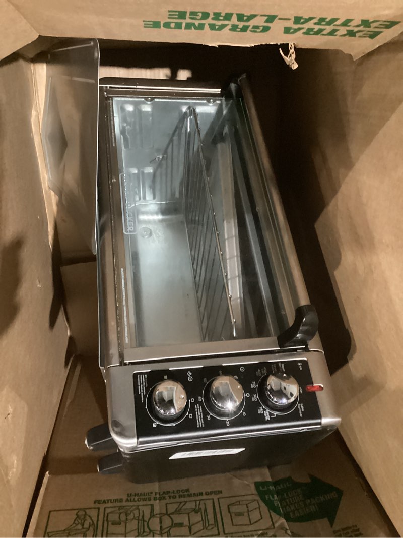 Condition photo showing As Is for black+decker to3250xsbd 8-slice extra wide convection countertop toaster oven, includes bake pan, broil rack & toasting rack, stainless steel/black