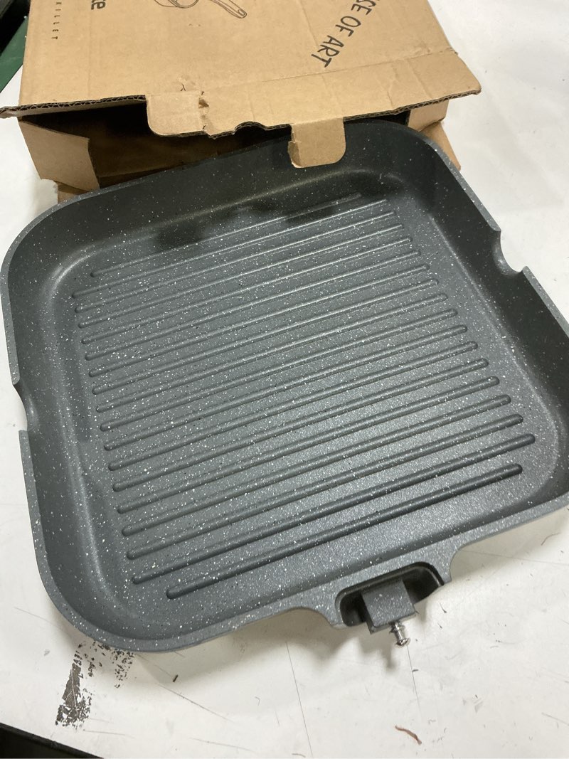 Condition photo showing As Is for (incomplete) sensarte nonstick grill pan for stove tops, versatile griddle pan with pour spouts, square grill pan for big cooking surface, durable grill skillet for indoor & outdoor grilling. pfoa free, 11 inch 11 inch gray granite