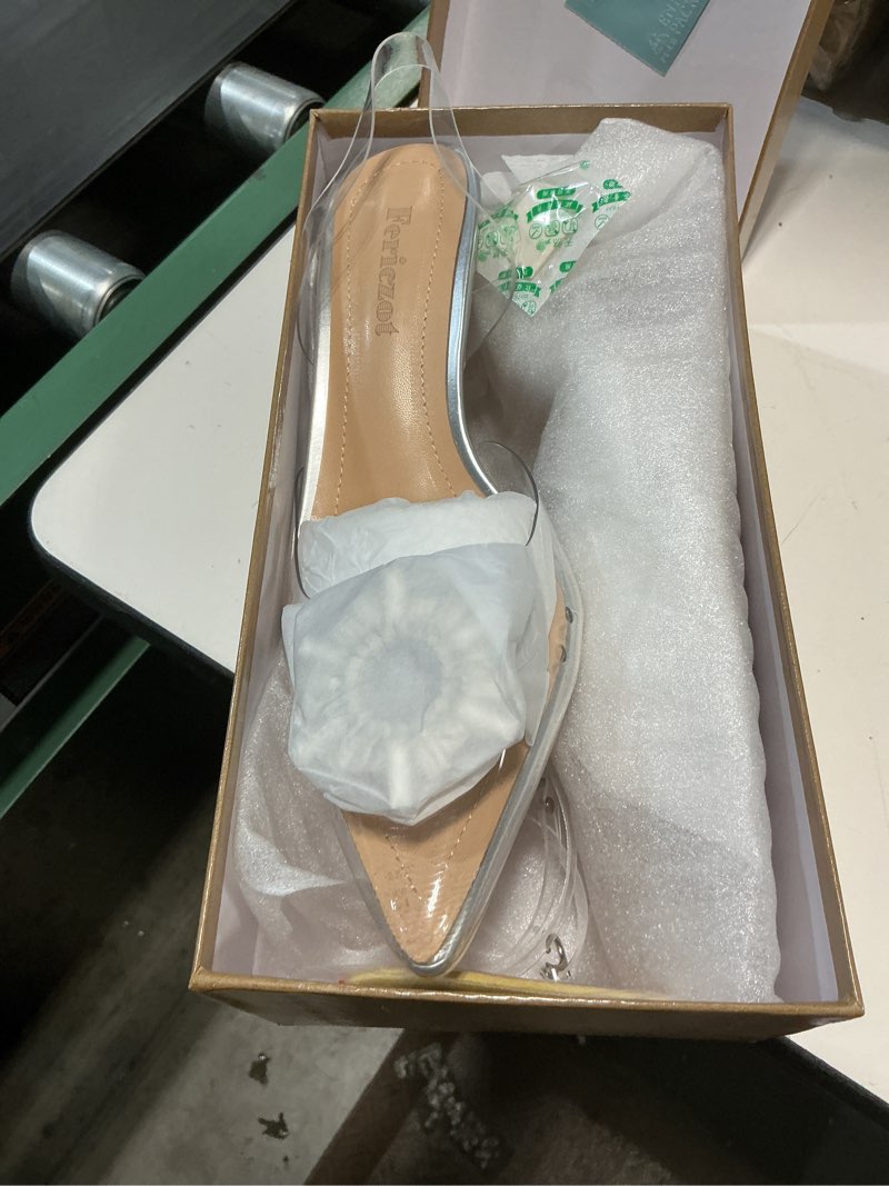 Condition photo showing New/Like New for fericzot women's clear heels shoes,slingback crystal rhinestones wedding pointed toe shoes high heel sandals 8.5 silver 2.75"