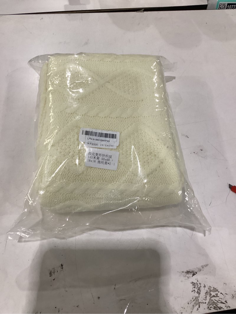 Condition photo showing New/Like New for homiest cable knit throw blanket & pillow set, cream white set of 3, knitted blanket (50"x60") & 2 pillow covers (18"x18"), soft & cozy decorative set for couch, bed, sofa 50 x 60 inch blanket & 18 x 18 inch pillow cream white