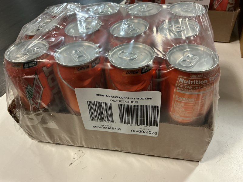 Condition photo showing New/Like New for (Best By 03/09/2026) Mountain Dew Kickstart, Orange Citrus, 92mg Caffeine, Vitamins B & C, 80 Calories, 5% Juice, 16 Fl Oz (Pack of 12) Orange Citrus 16 Fl Oz (Pack of 12)