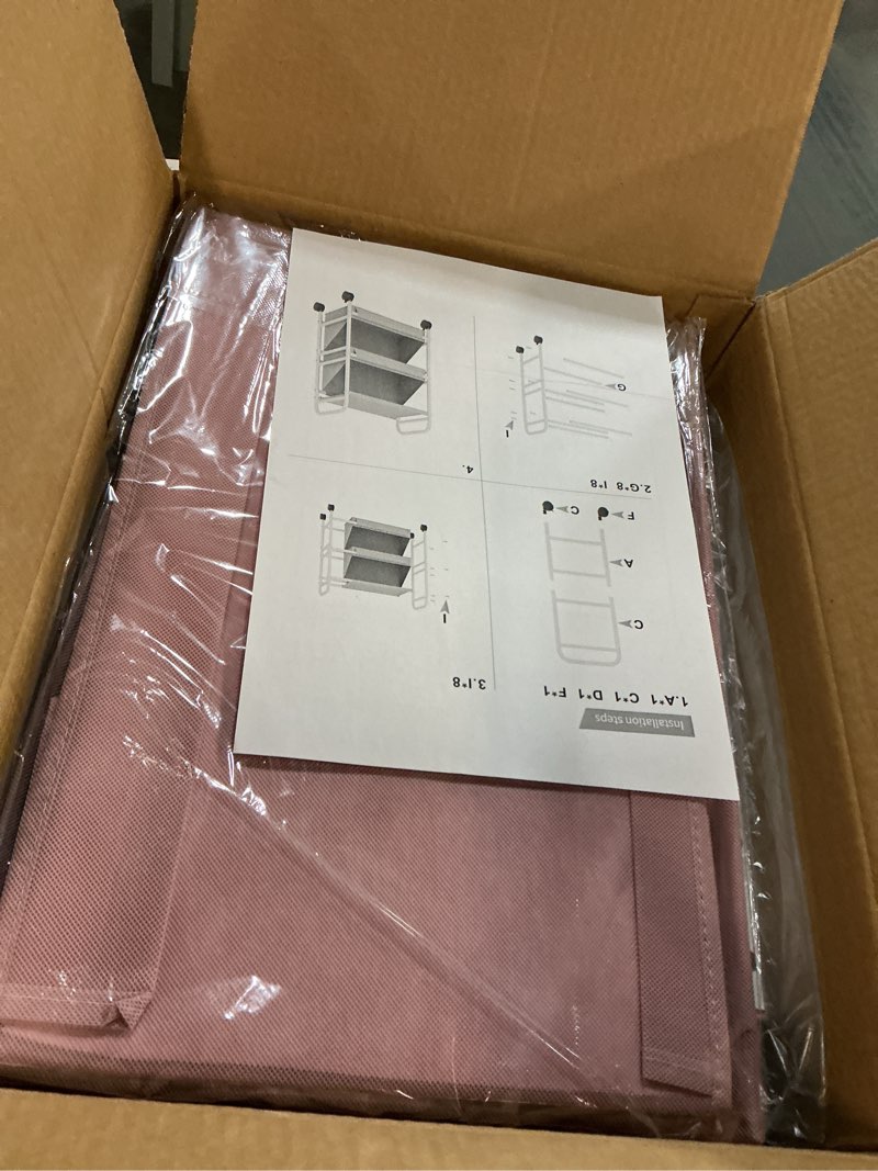 Condition photo showing New/Like New for Buzowruil Utility Rolling Fabric Storage Rack Trolley Toy Cart Trolley with 2 Large Storage Boxes,Wheels, Suitable for Bedroom, Living Room, Entryway, Pink 3-Tier Pink