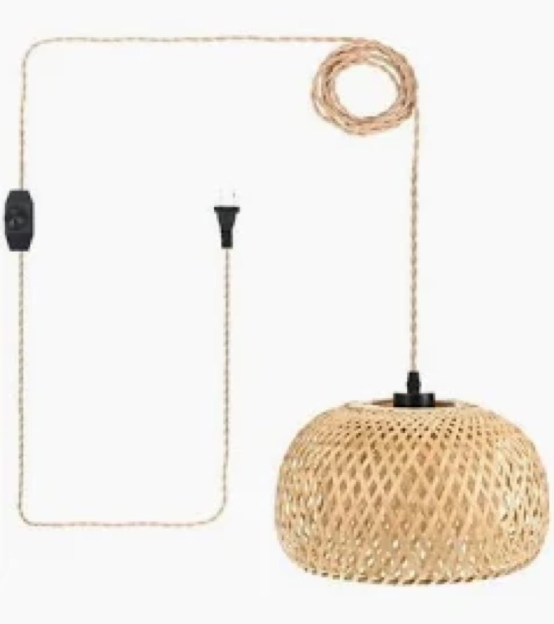 ALAISLYC 15ft Plug in Pendant Light with Cord Dimmable Switch Rattan Hanging Lamp with Hand Woven Wi