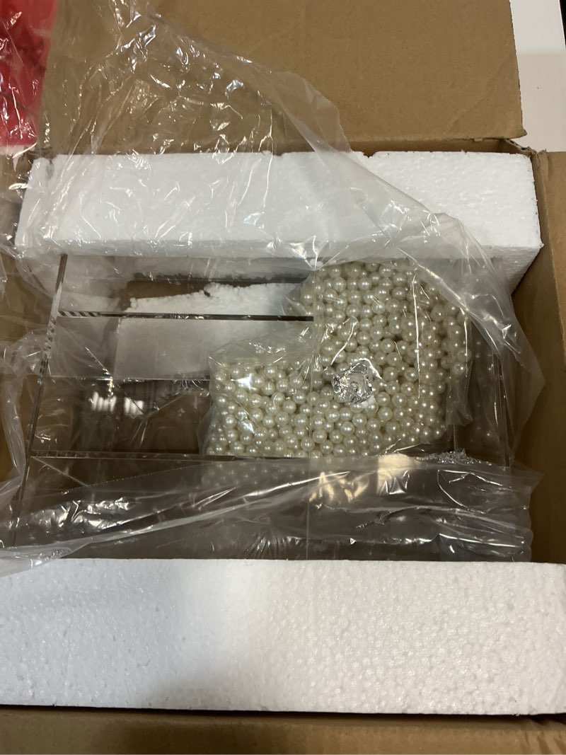 Condition photo showing Good Condition for Okllen Makeup Brush Holder with Dustproof Lid, White Pearls, Acrylic Clear Makeup Brush Organizer with 3 Compartment, Large Cosmetic Brush Storage Box Case for Vanity, Bathroom, Bedroom