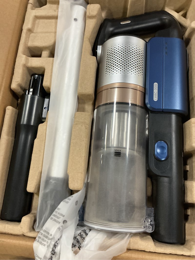 Condition photo showing As Is for levoit cordless vacuum cleaner with hepa filter, stick vac with tangle-resistant design, up to 60 mins, powerful suction, lightweight, mini motorized brush, for carpet, hard floor, pet hair, lvac-300 bright gold lvac-300 pro