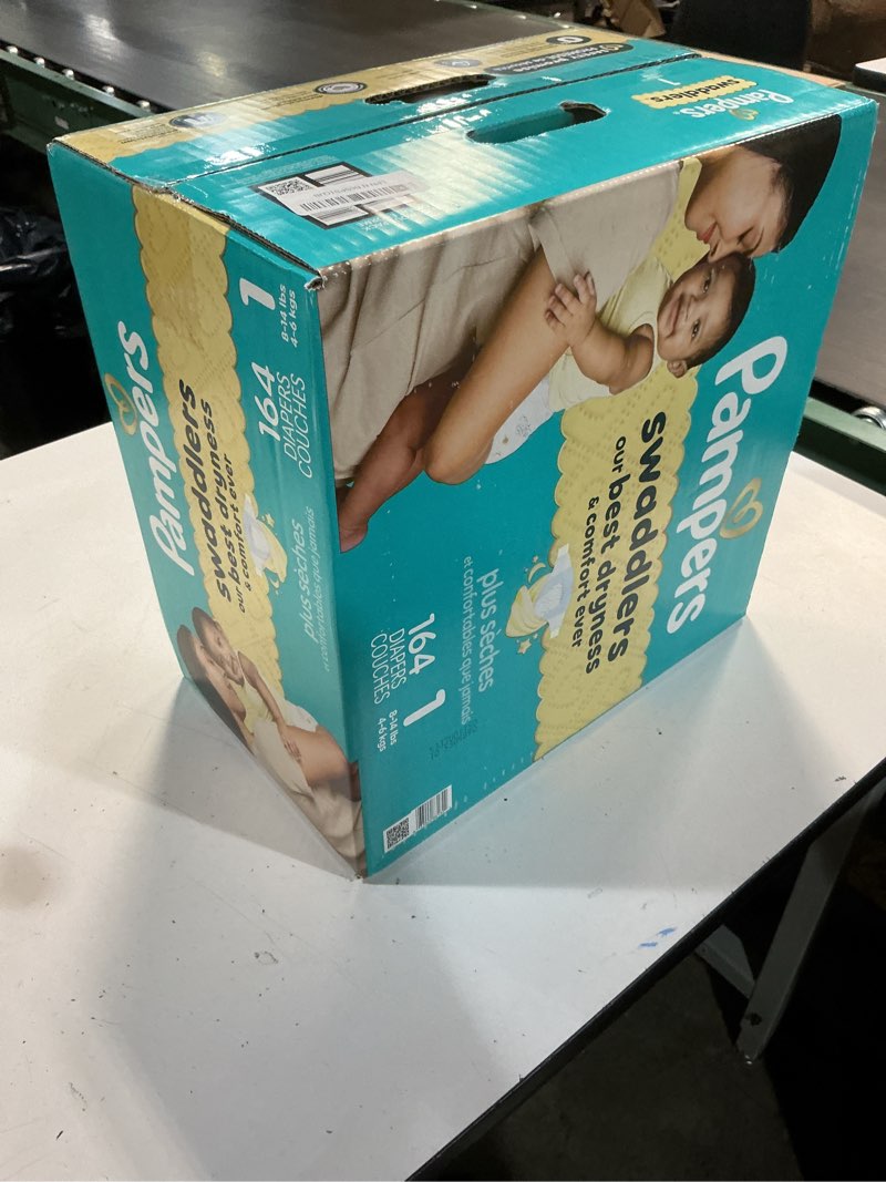 Condition photo showing New/Like New for pampers swaddlers diapers, size 1 (8-14 lbs), 164 count, absorbent, keeps baby dry and comfortable, skin safe disposable baby diaper size 1 164