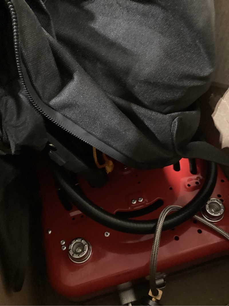 Condition photo showing Good Condition for hisencn camping stove,2 burner propane stove,20000 btu/h camping cooking set includes frying pan,kettle and pot,adjustable burners & piezo ignition,portable stove for camping outdoor,red red l