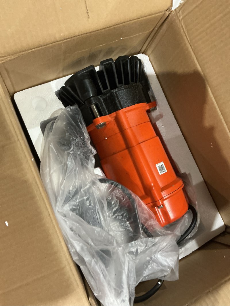 Condition photo showing As Is for vevor 1/2 hp submersible trash pump, 2000 gph, 120v cast iron submersible sump sewage pump with 2 in discharge, 39 ft max lift, drain dirty clean water, for pools, garden, pond, basement, flooded area