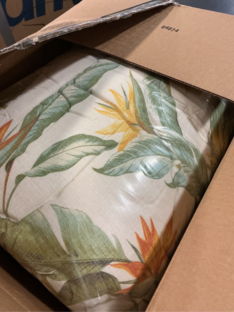 Condition photo showing New/Like New for tommy bahama - king comforter set, soft woven bedding with matching pillowcases & bonus throw pillows, medium weight for year round comfort, 5 piece bed set (birds of paradise off-white) king tropical