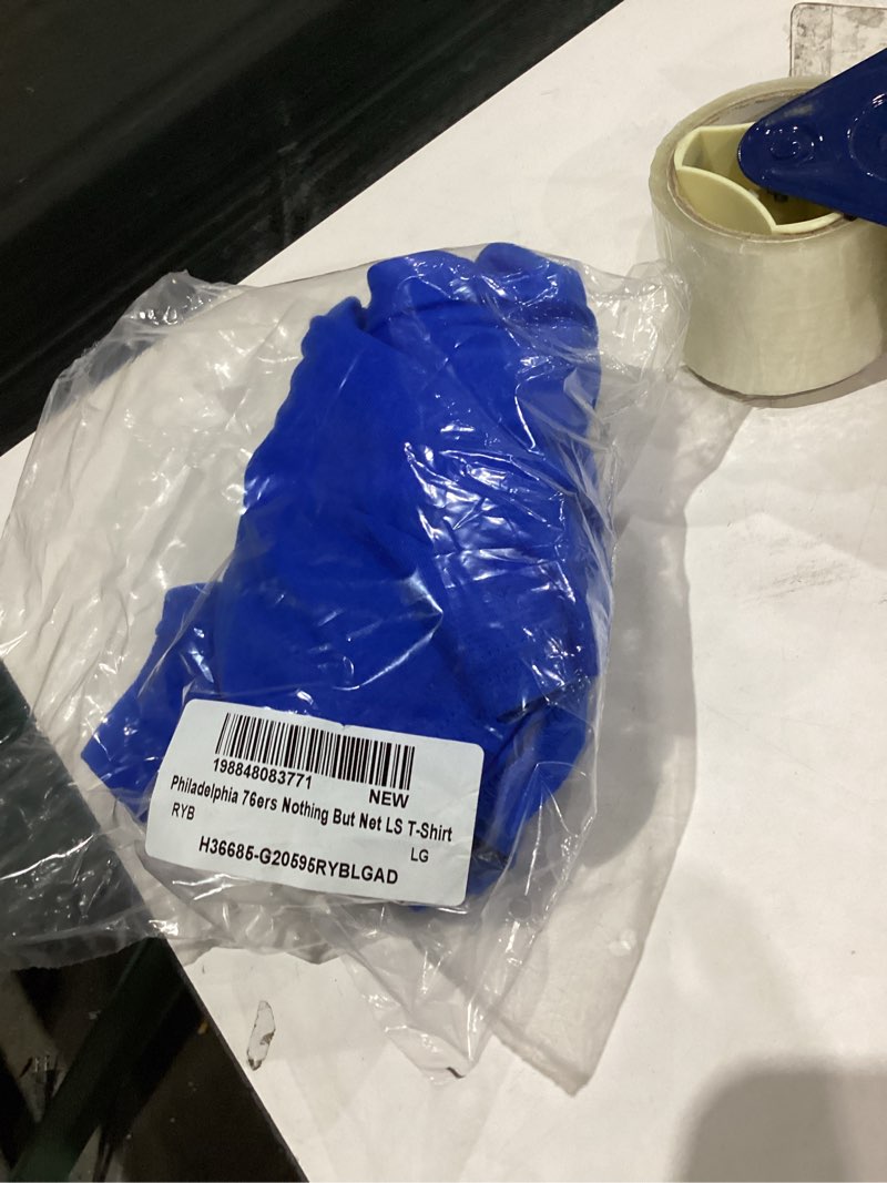 Condition photo showing New/Like New for Junk Food x NBA - Nothing But Net - Officially Licensed Adult Long Sleeve T-Shirt for Men & Women Philadelphia 76ers Large Royal Blue