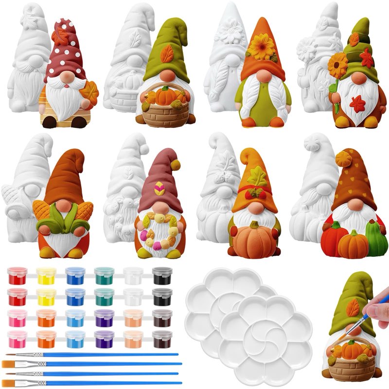 pullcrease 8 pcs christmas ceramics gnome to paint ready to painting your own gnome statues diy unpainted ceramics paintable figurines kit crafts with brush palette for boys girls
