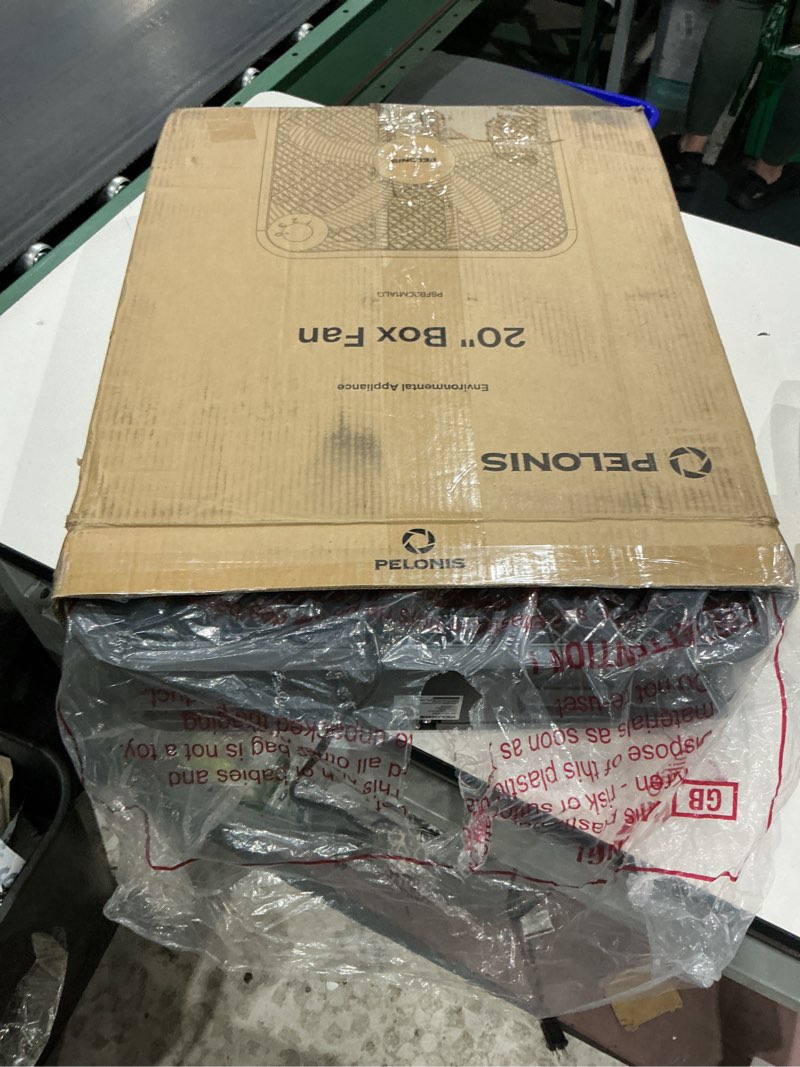 Condition photo showing Good Condition for pelonis 20 inch box fan for bedroom– 3 speeds, 25ft/s, floor fan, window fan, table fan, desktop fan with superior air throw (2295 cfm), lightweight, 5 blades, suitable for office, living room, garage grey upgraded